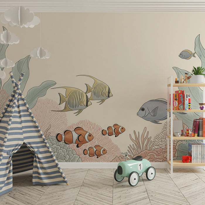 Kinderzimmer Tapete | Bunte exotische Fische zwischen Unterwasserkorallen