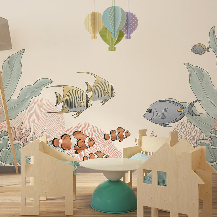 Kinderzimmer Tapete | Bunte exotische Fische zwischen Unterwasserkorallen