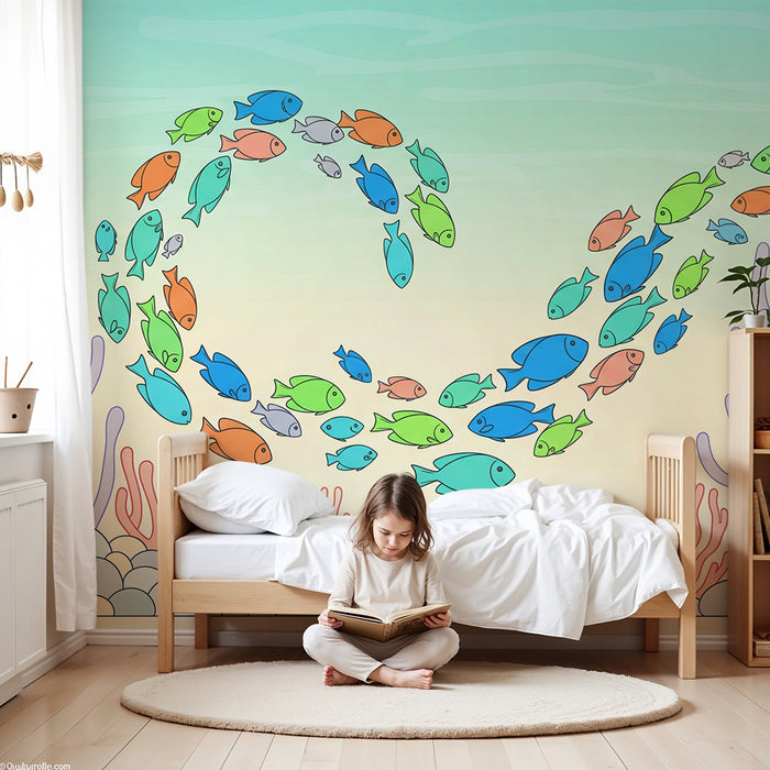 Papel de parede para quarto infantil | Peixes exóticos num ambiente marinho de tons suaves