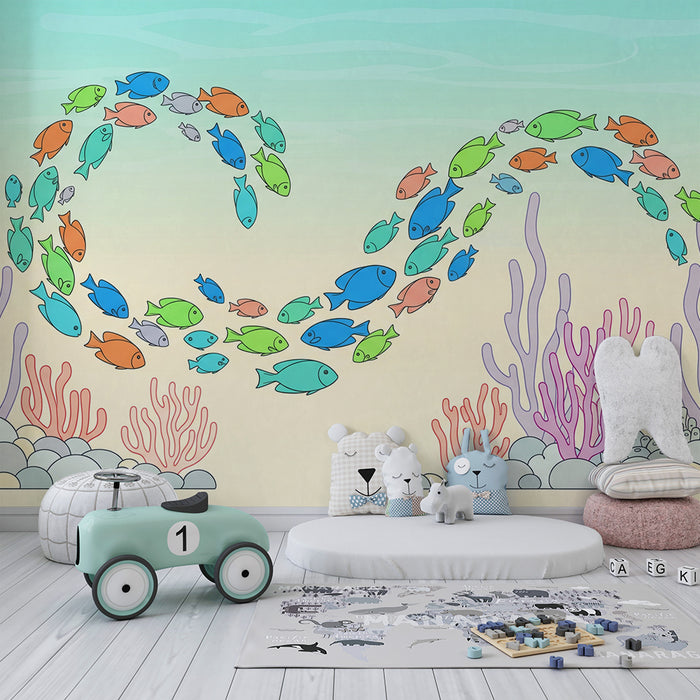 Papel de parede para quarto infantil | Peixes exóticos num ambiente marinho de tons suaves