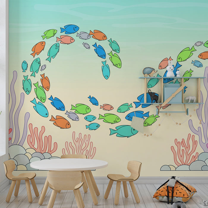 Papel de parede para quarto infantil | Peixes exóticos num ambiente marinho de tons suaves