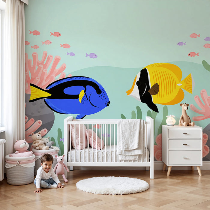 Papel de parede para quarto infantil | Peixes exóticos e corais num mundo subaquático colorido