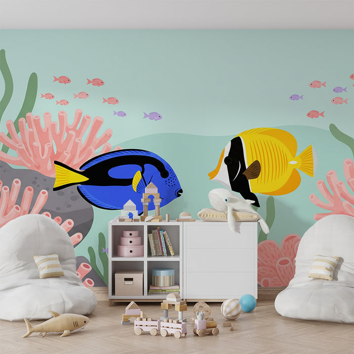 Papel de parede para quarto infantil | Peixes exóticos e corais num mundo subaquático colorido