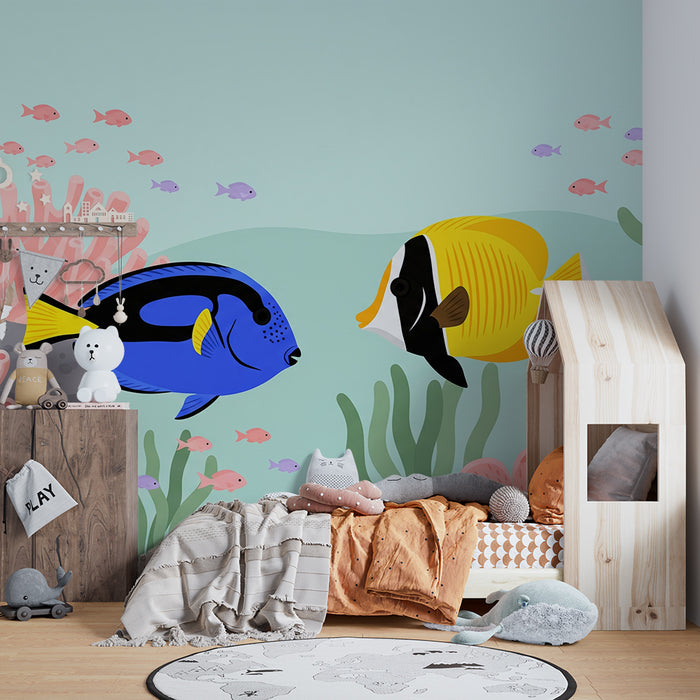 Papel de parede para quarto infantil | Peixes exóticos e corais num mundo subaquático colorido
