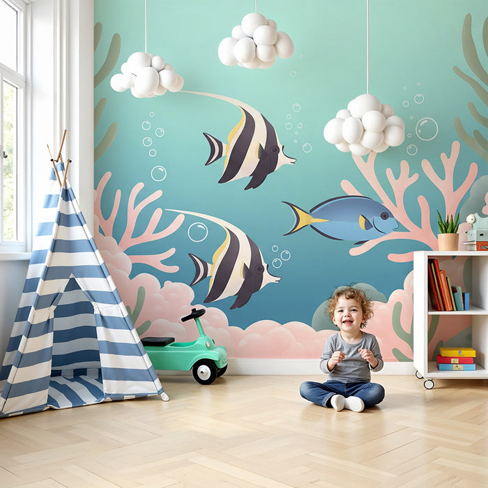 Papel de parede para quarto infantil | Peixes exóticos e corais num universo marinho