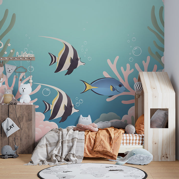 Papel de parede para quarto infantil | Peixes exóticos e corais num universo marinho