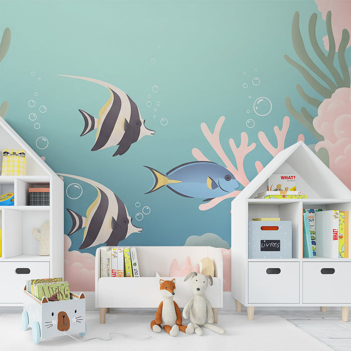 Papel de parede para quarto infantil | Peixes exóticos e corais num universo marinho