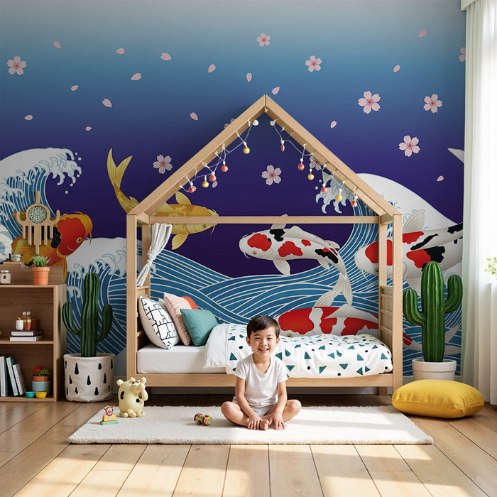 Papier peint chambre enfant | Poissons koi dans des vagues avec fleurs de cerisier