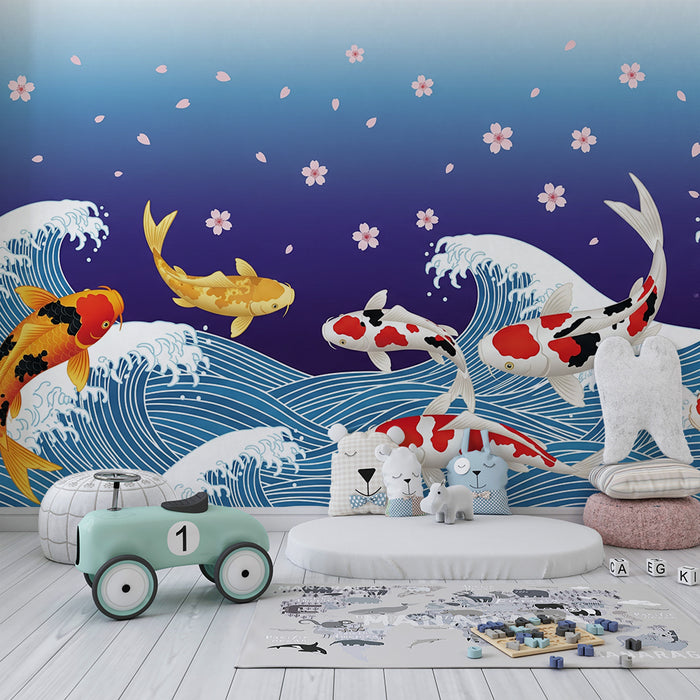 Papier peint chambre enfant | Poissons koi dans des vagues avec fleurs de cerisier