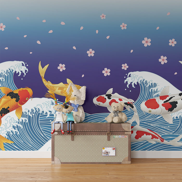 Papier peint chambre enfant | Poissons koi dans des vagues avec fleurs de cerisier
