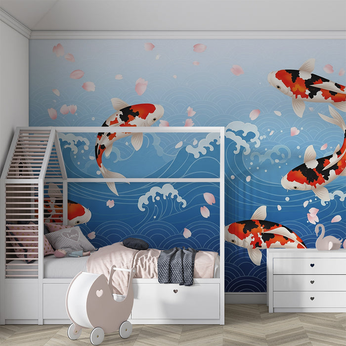 Børnetapet | Koi-fisk i bølger med blomsterblade