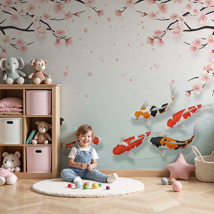 Papel de parede para quarto infantil | Peixes koi e cerejeiras em flor sobre fundo calmante