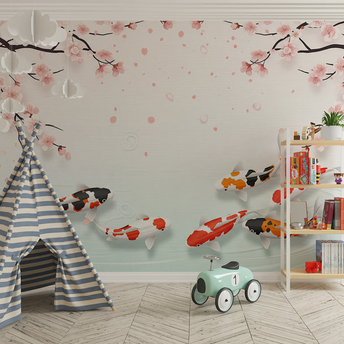 Papel de parede para quarto infantil | Peixes koi e cerejeiras em flor sobre fundo calmante