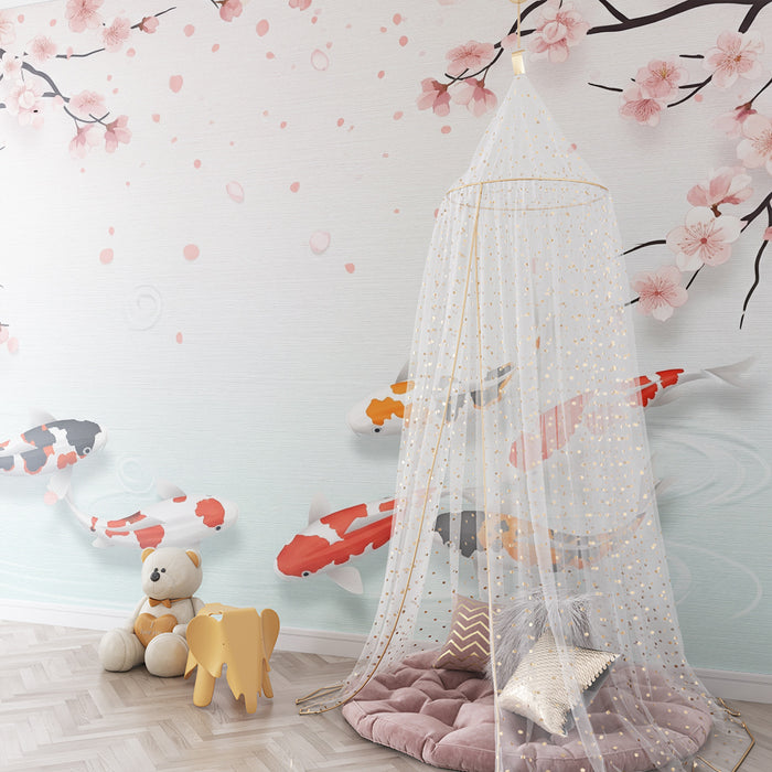 Papel de parede para quarto infantil | Peixes koi e cerejeiras em flor sobre fundo calmante