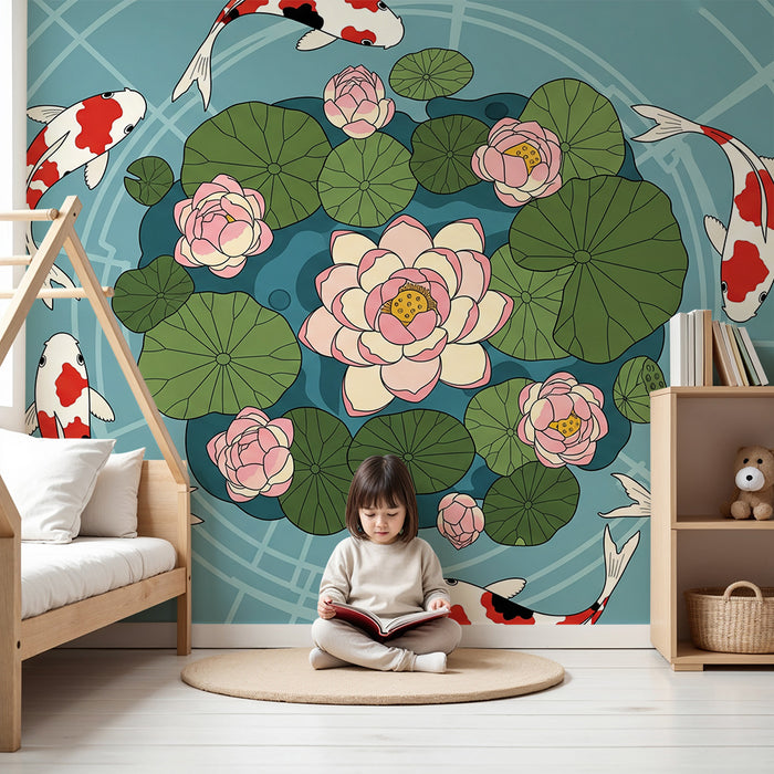 Papier peint chambre enfant | Poissons koi et fleurs de lotus dans un étang paisible