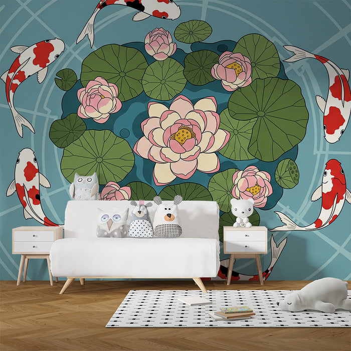 Papier peint chambre enfant | Poissons koi et fleurs de lotus dans un étang paisible