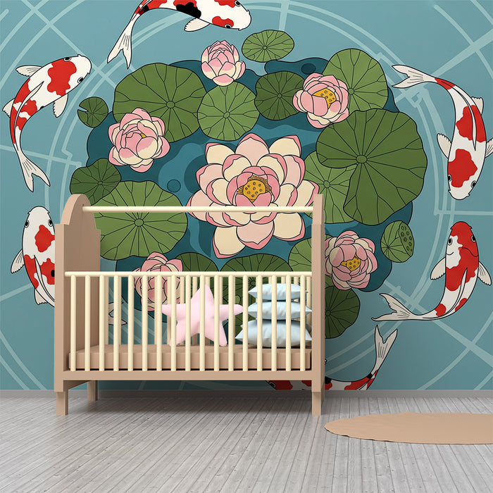 Papier peint chambre enfant | Poissons koi et fleurs de lotus dans un étang paisible