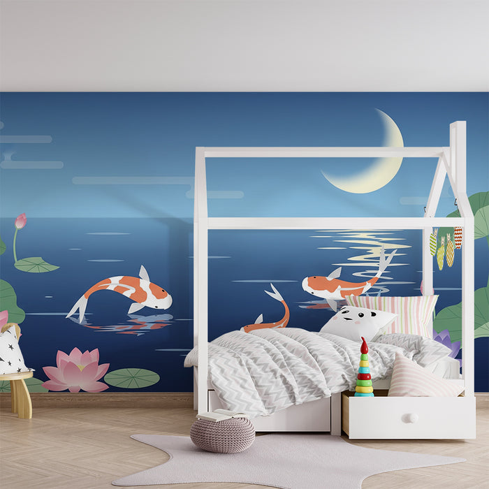 Papel de parede criança | Peixes koi e flores de lótus sob a lua