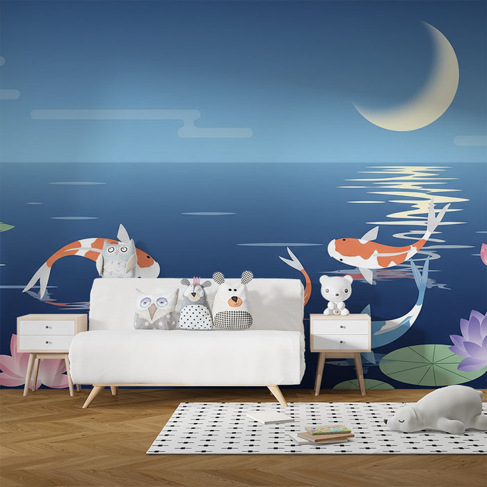 Papel de parede criança | Peixes koi e flores de lótus sob a lua