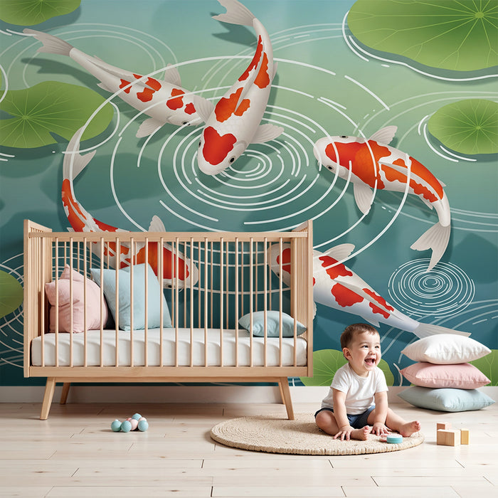 Papel pintado infantil | Peces koi y nenúfares en un estanque tranquilo