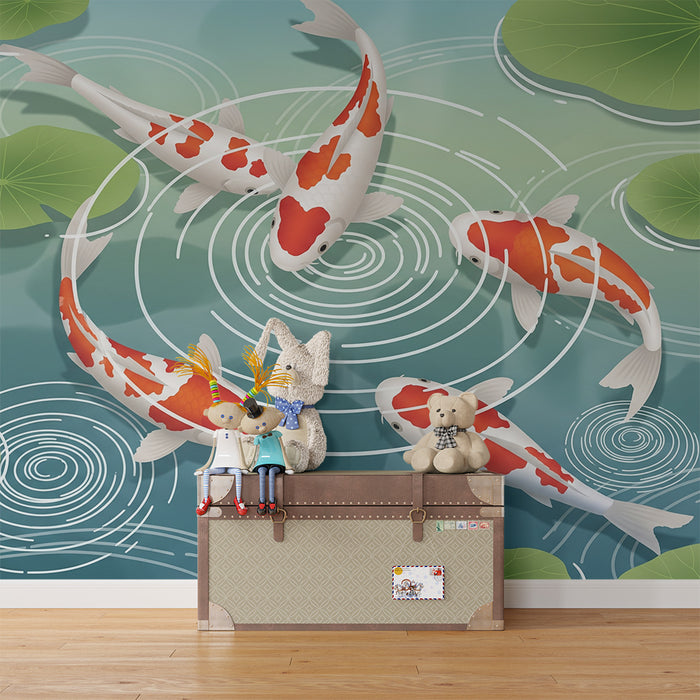 Papel pintado infantil | Peces koi y nenúfares en un estanque tranquilo