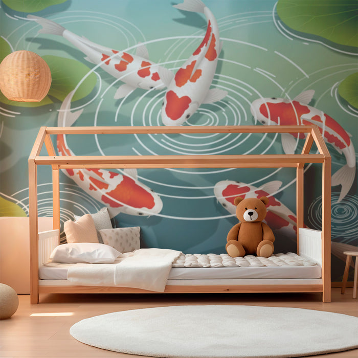 Papel pintado infantil | Peces koi y nenúfares en un estanque tranquilo