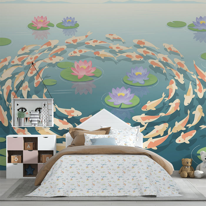 Papel de parede criança | Peixes koi e nenúfares em um lago tranquilo