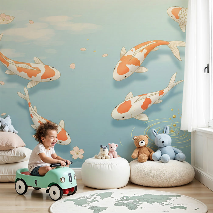 Kids room wallpaper | Koi fish swimming among cherry blossoms