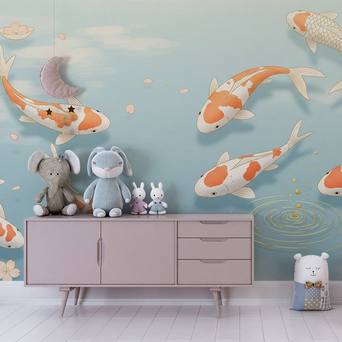 Kids room wallpaper | Koi fish swimming among cherry blossoms