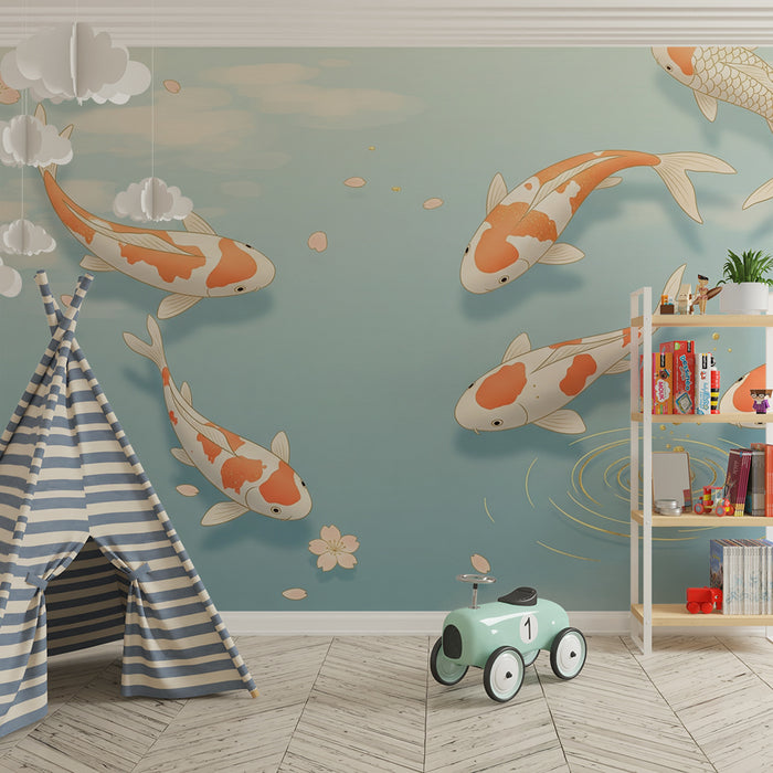 Kids room wallpaper | Koi fish swimming among cherry blossoms