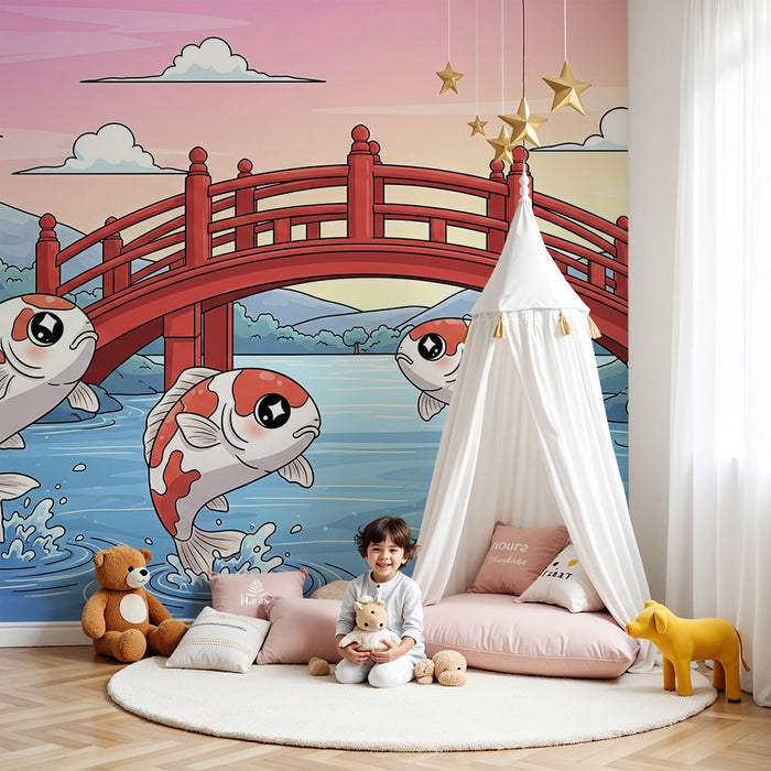 Papel de parede para quarto infantil | Peixes koi a saltar debaixo de uma ponte vermelha