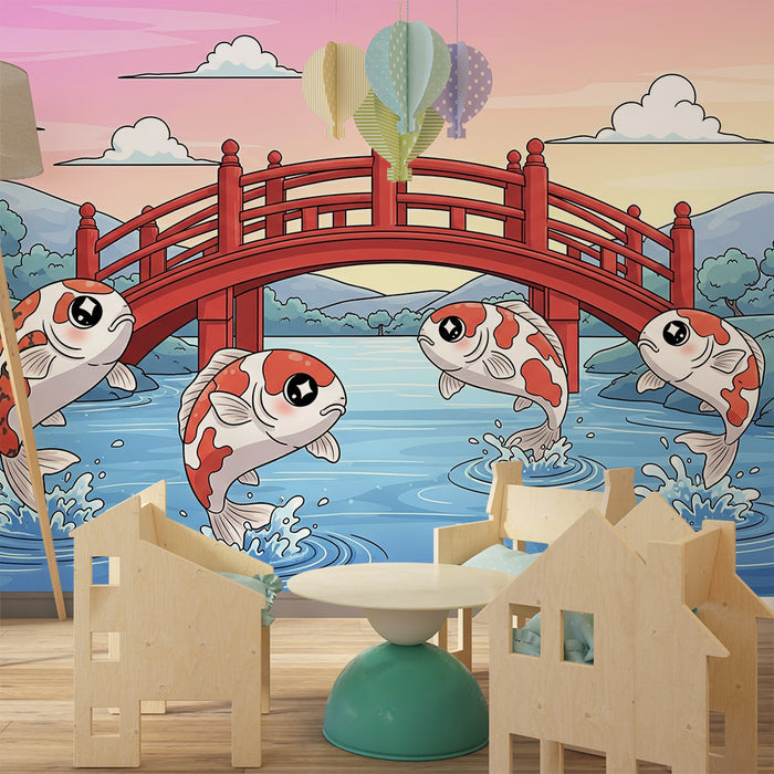 Papel de parede para quarto infantil | Peixes koi a saltar debaixo de uma ponte vermelha