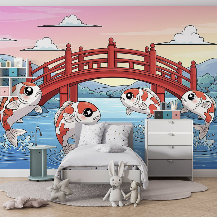 Papel de parede para quarto infantil | Peixes koi a saltar debaixo de uma ponte vermelha