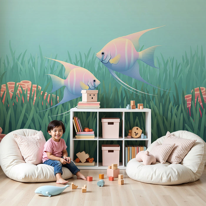 Papel de parede para quarto infantil | Peixes tropicais coloridos num universo subaquático suave