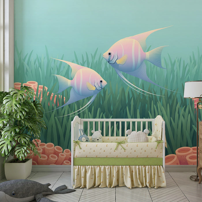 Papel de parede para quarto infantil | Peixes tropicais coloridos num universo subaquático suave
