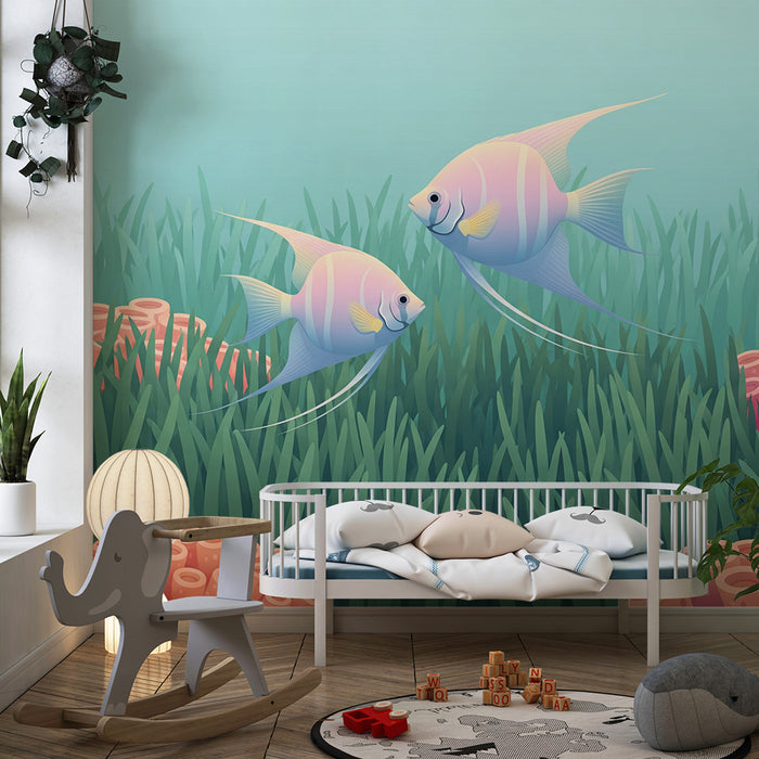 Papel de parede para quarto infantil | Peixes tropicais coloridos num universo subaquático suave
