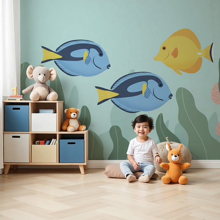 Papel de parede para quarto infantil | Peixes tropicais coloridos e algas submarinas