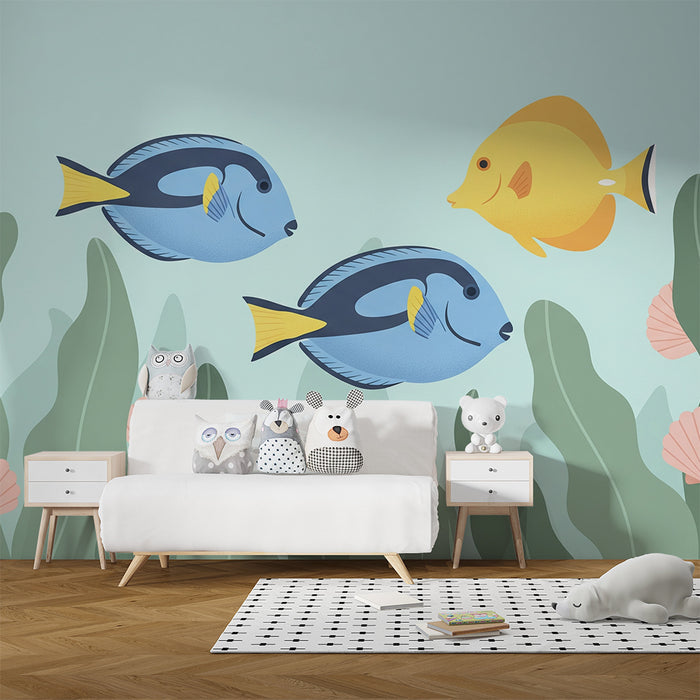 Papel de parede para quarto infantil | Peixes tropicais coloridos e algas submarinas