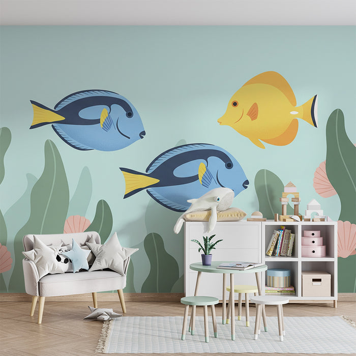 Papel de parede para quarto infantil | Peixes tropicais coloridos e algas submarinas