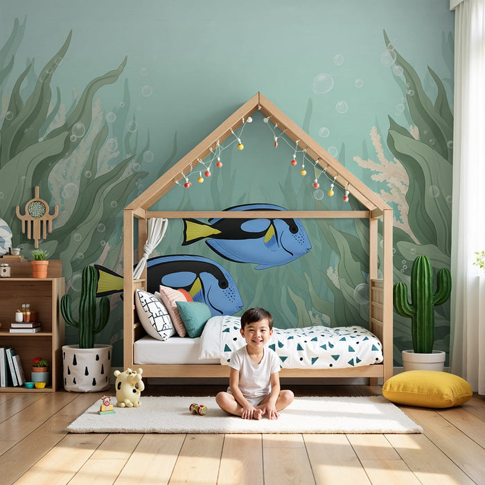 Papel de parede para quarto infantil | Peixes tropicais coloridos e vegetação marinha suave