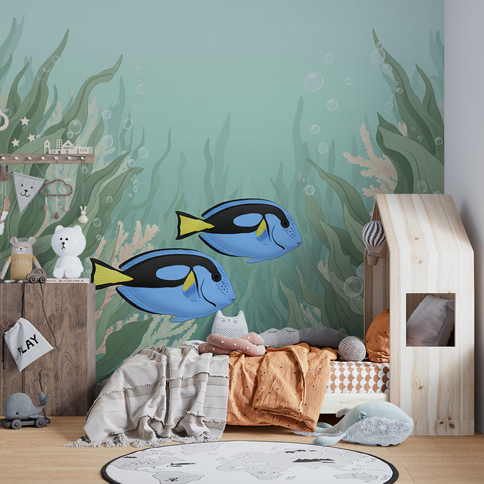 Papel de parede para quarto infantil | Peixes tropicais coloridos e vegetação marinha suave