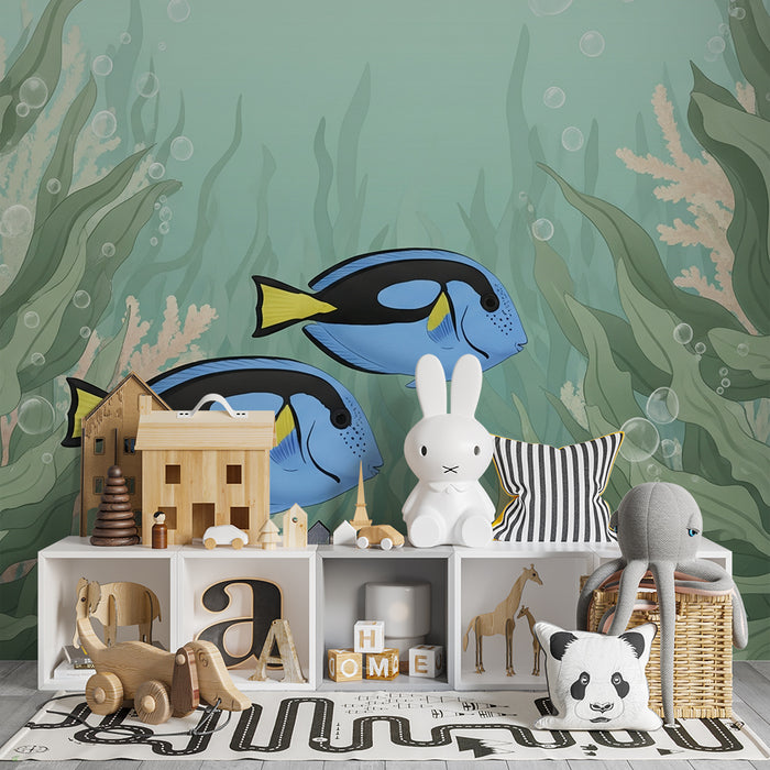 Papel de parede para quarto infantil | Peixes tropicais coloridos e vegetação marinha suave