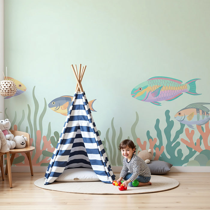 Tapete Kinderzimmer | Tropische Fische in einer Korallenlandschaft