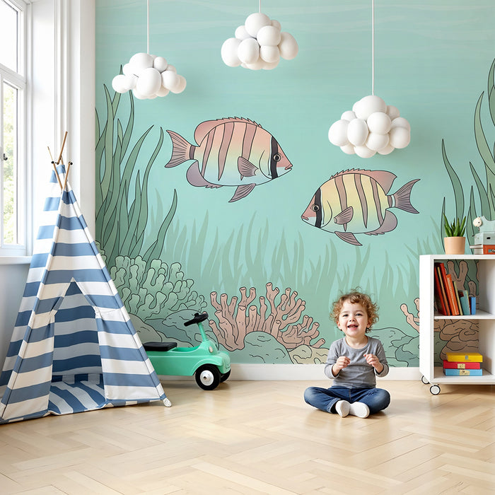 Papel de parede para quarto infantil | Peixes tropicais e corais no fundo do mar
