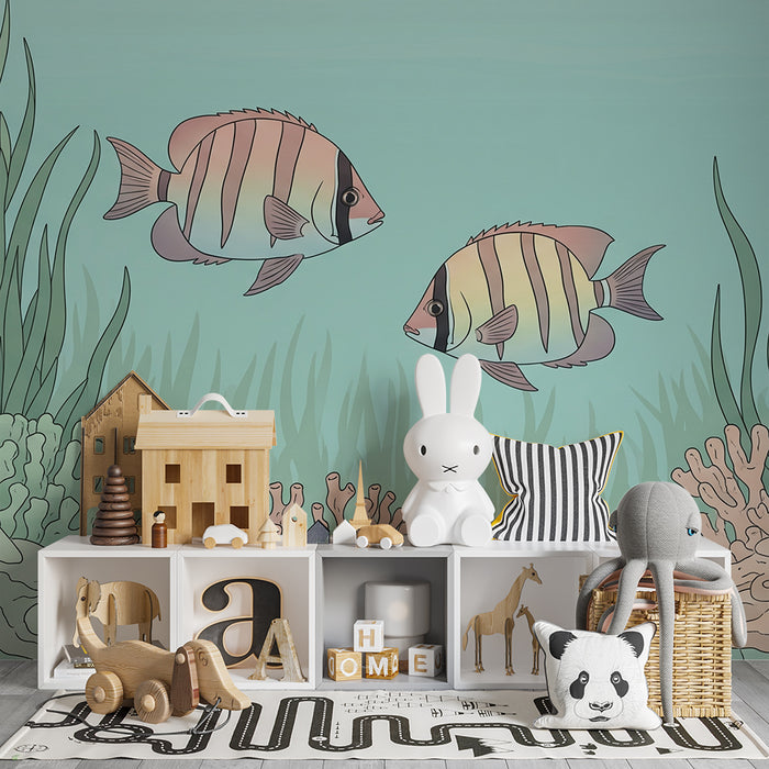 Papel de parede para quarto infantil | Peixes tropicais e corais no fundo do mar