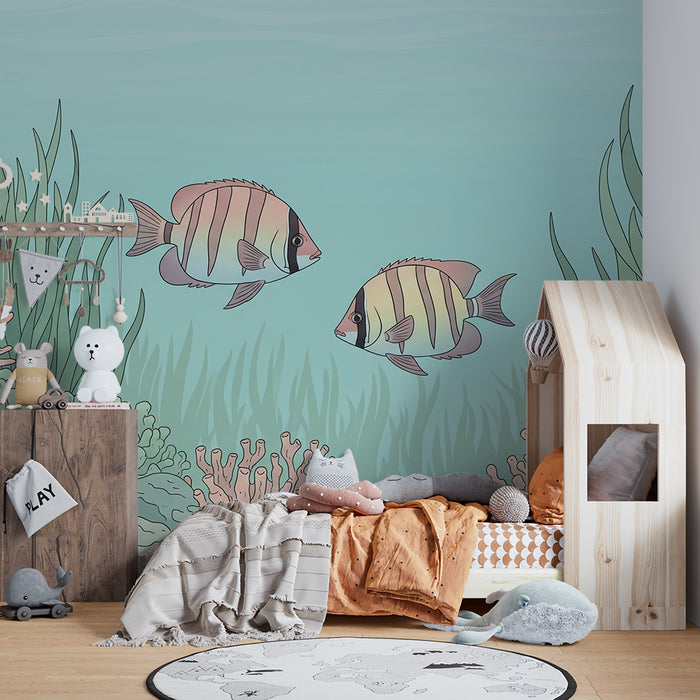 Papel de parede para quarto infantil | Peixes tropicais e corais no fundo do mar