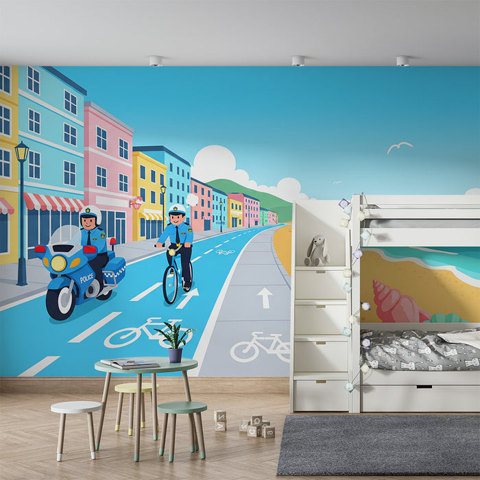 Behang kinderkamer | Politieagenten op fiets en motor tijdens strandwandeling