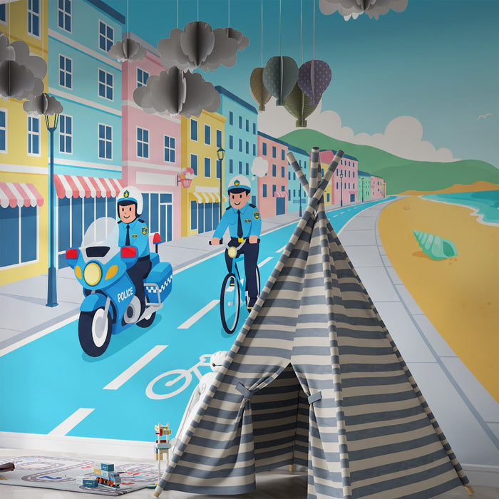 Behang kinderkamer | Politieagenten op fiets en motor tijdens strandwandeling