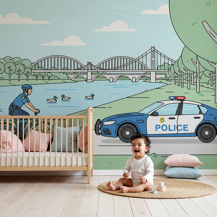 Papel pintado infantil | Policía en bicicleta y paisaje tranquilo