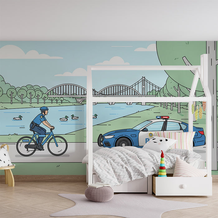 Papel pintado infantil | Policía en bicicleta y paisaje tranquilo